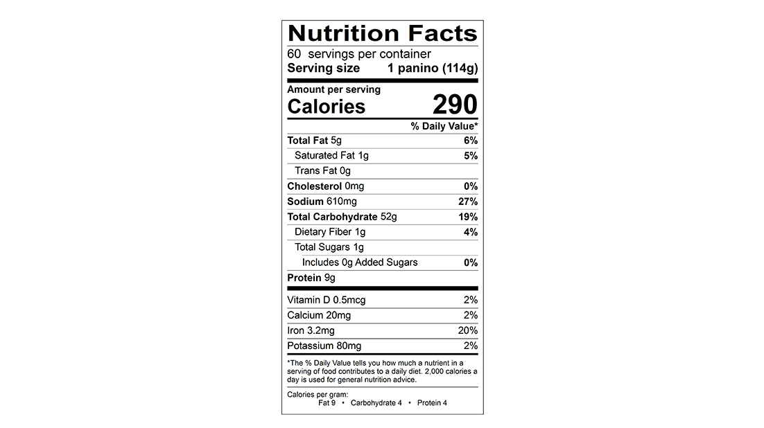 Olive Oil Panino Nutritional Panel